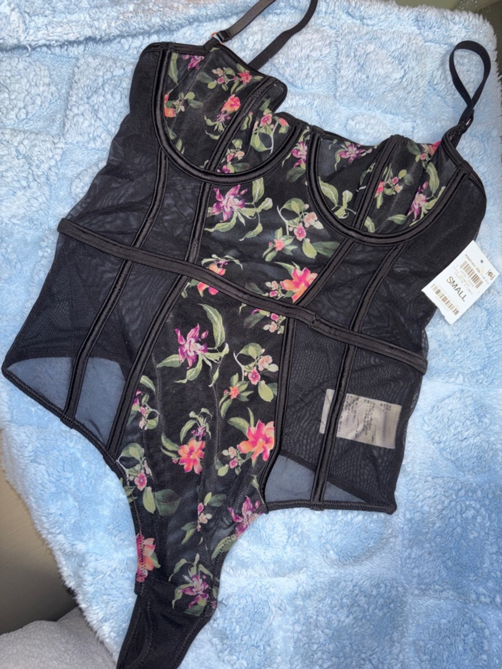 INC International Concepts Black Floral Mesh Bodysuit
